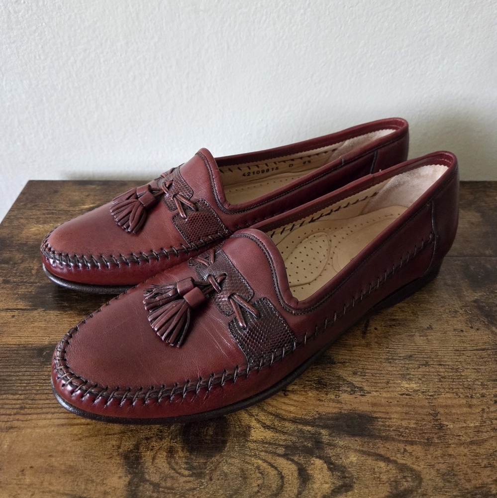 Santoni Aspen Men's 9.5 D Brown Leather Lizard Trim Tassel Loafers Dress Shoes